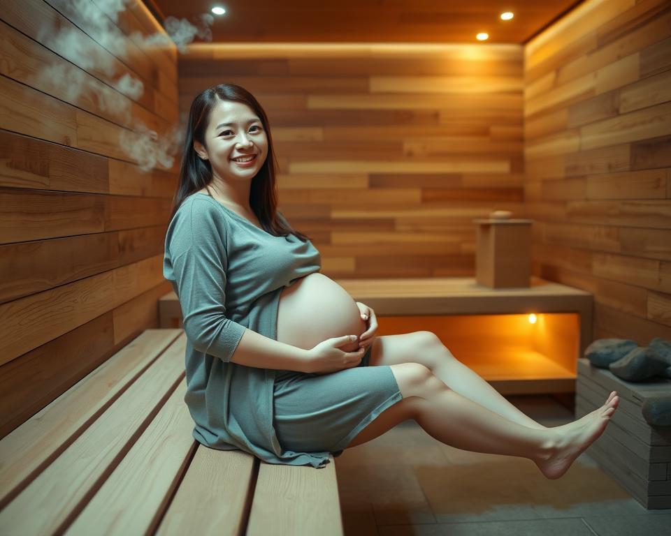 Schwangere in der Sauna zweites Trimester